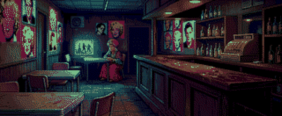 Captura del juego: el pub de Naime, con una gitana en la mesa del fondo